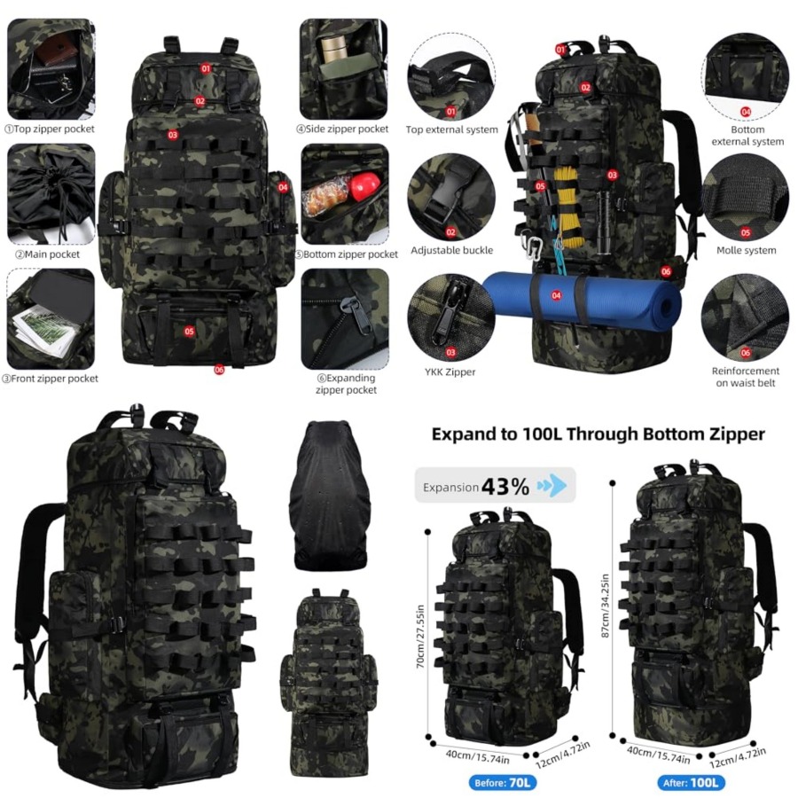 70L/100L Camping Hiking Backpa - Hiking Backpack Waterproof のレビューと価格